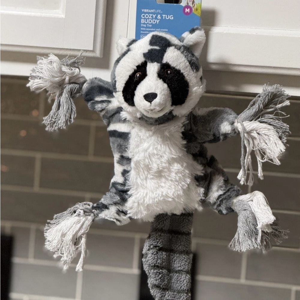 Cozy & Tug Buddy Dog Toy W/Squeaker and Crinkle Rope Body (Chew Level 2) Raccoon